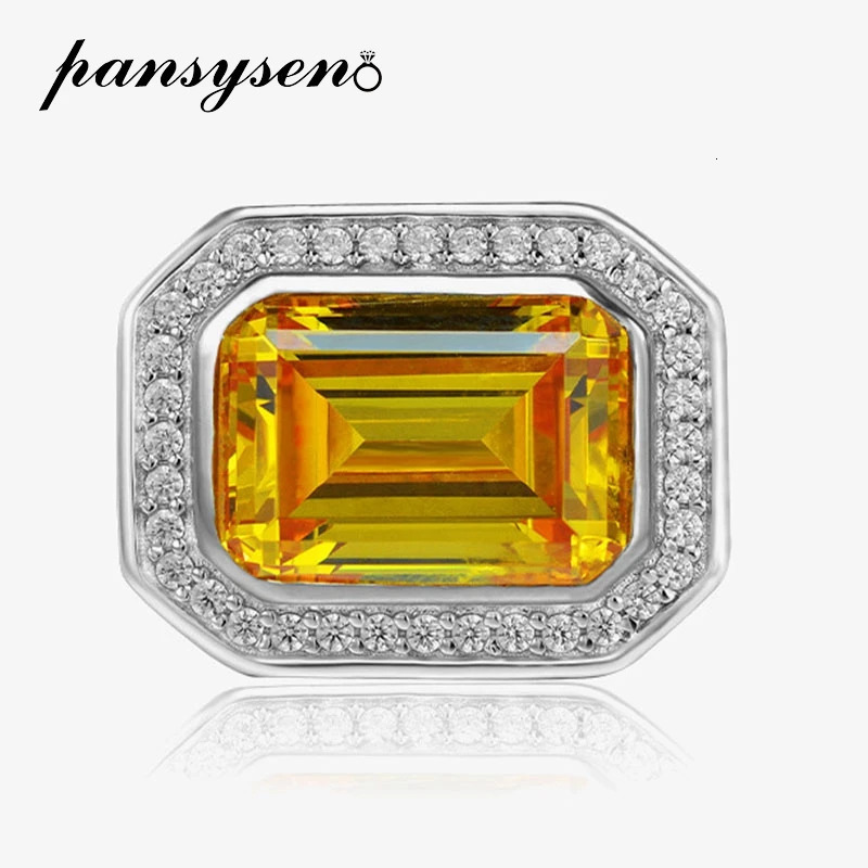 PANSYSEN 925 Sterling Silver 10*14MM Emerald Cut Citrine High Carbon Diamond Gemstone Ring For Women Party Fine Jewelry 250617