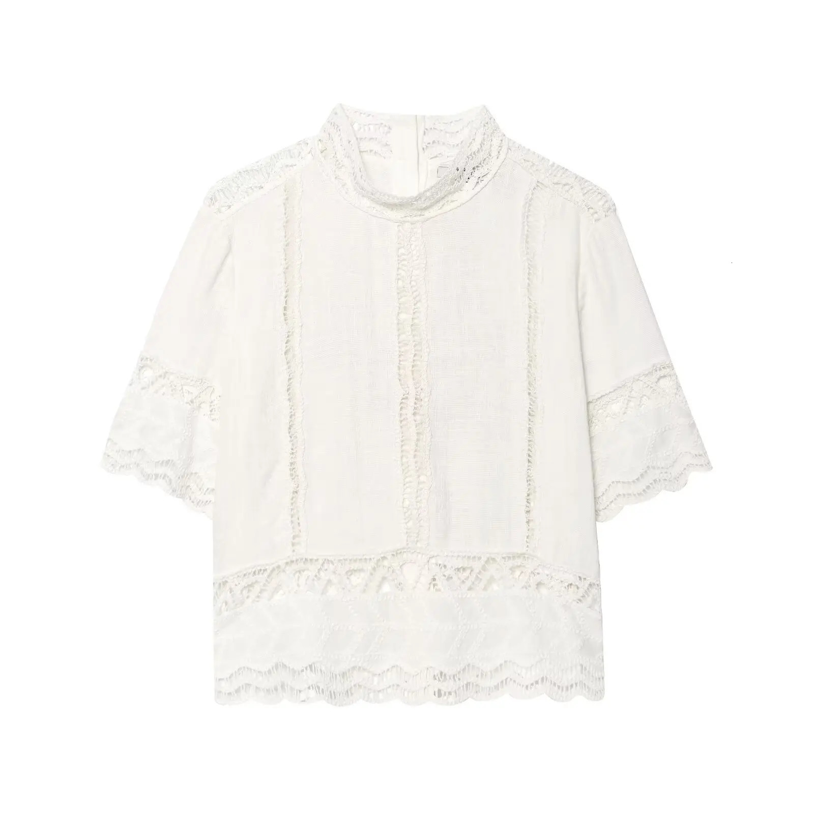 MYST ZA2025 summer womens casual fashion versatile hollow crochet details standup collar short shirt with skirt 250614