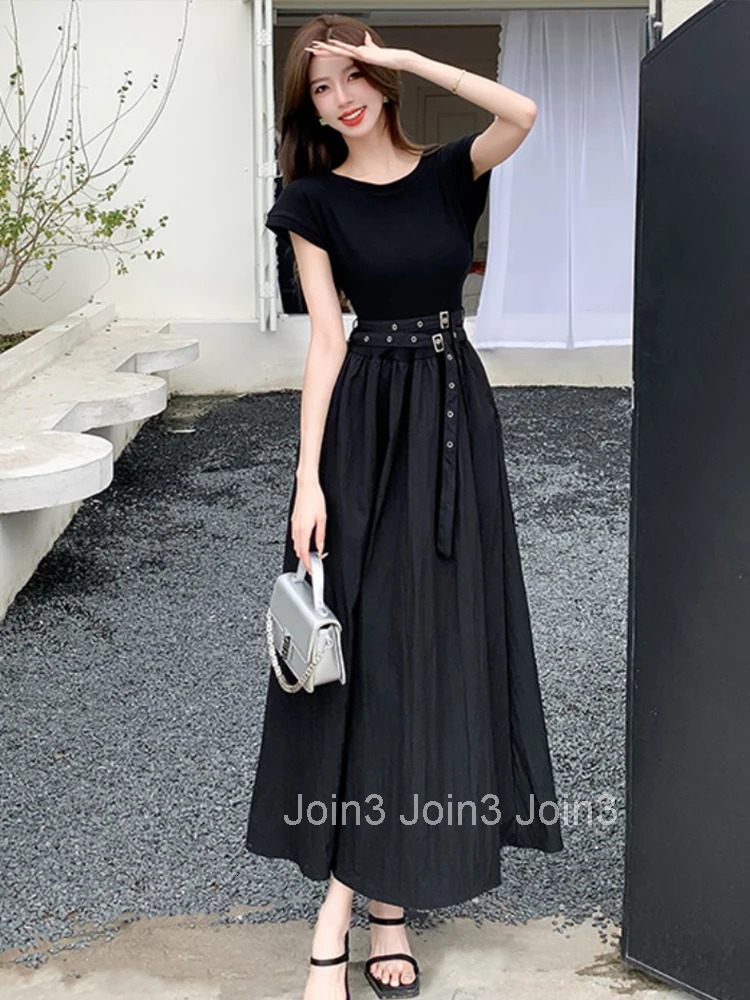 Summer Black Simple A-Line Long Dress Women Elegant Casual O-Neck Short Sleeve Slim Belt Maxi Robe Femme Vestidos Street Clothes