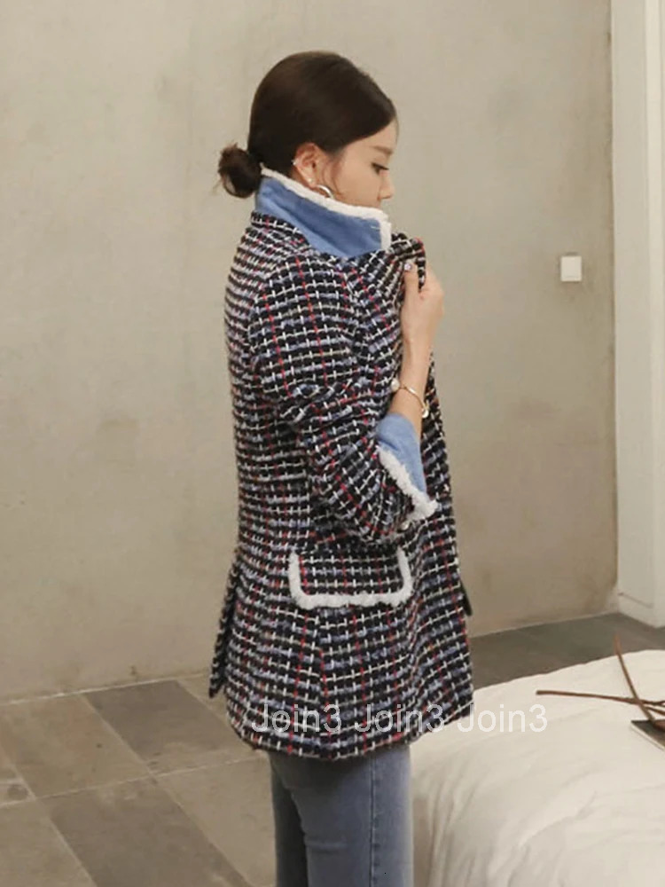 Fashion Elegant Women Tweed Outwear Casual Retro Plaid Double Breasted Pearl Button Lady Femme Mujer Autumn Winter Coat Jacket