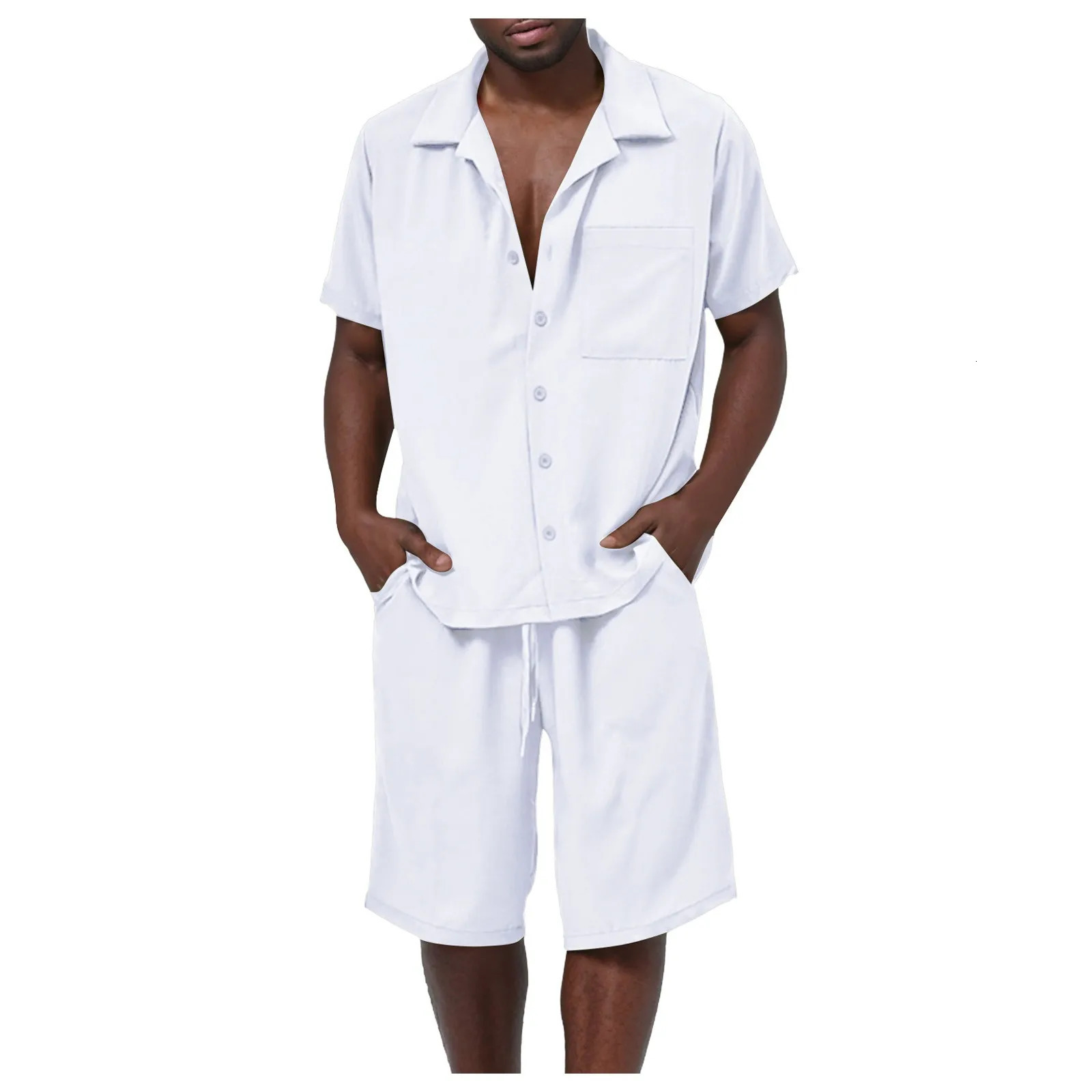 Mens Short Sleeve Shorts Two Piece Set Solid Color Button Down Beachwear Summer Loose-Fit Cardigan Tops Shorts Male Outfit 250617