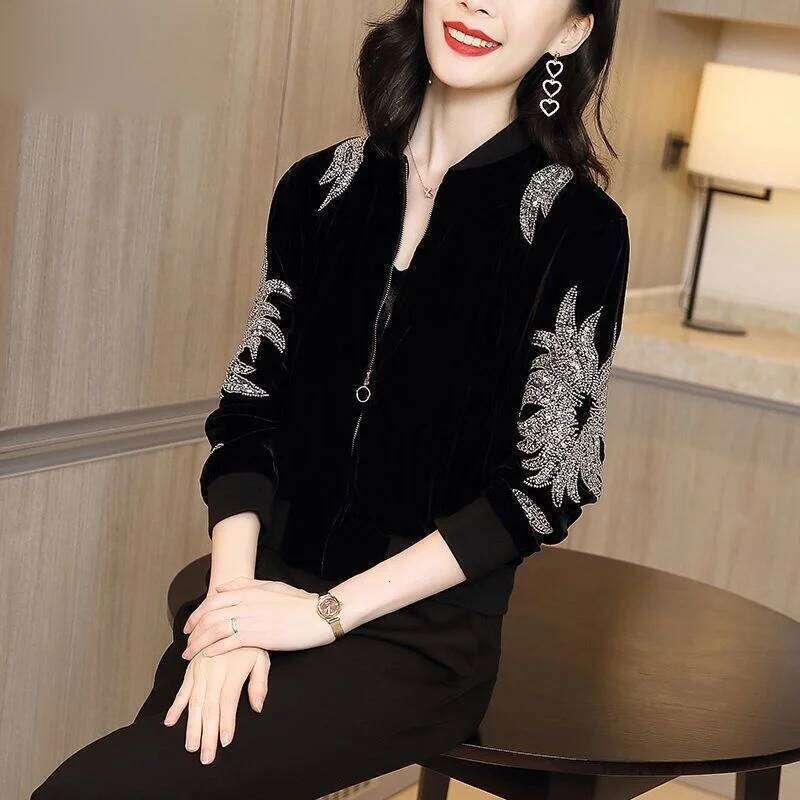 Designer Crop Jacket Woman Short Winter Coat Female 2024 Rhinestone Clothing Bomber Jackets Autumn Clothes Baseball Coats