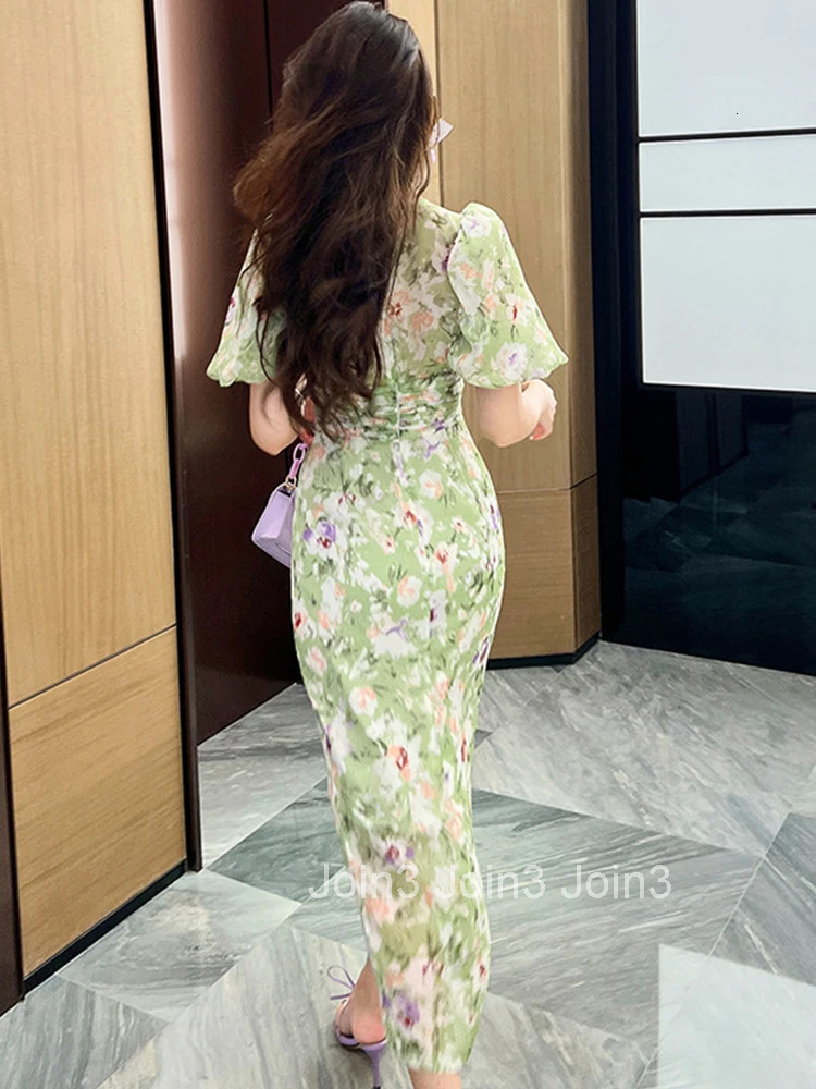 French Elegant Women Dress Floral Vintage Sweet Puff Sleeve Corset Slim Slit Midi Party Club Beach Lady Robe Femme Mujer Vestido