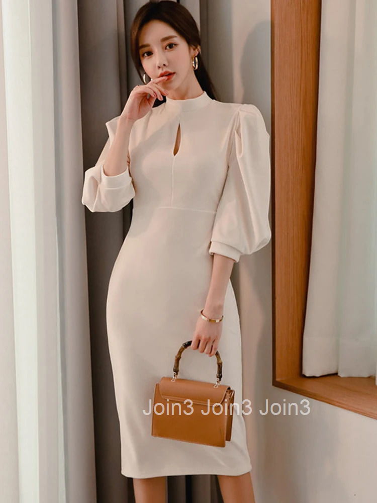 New 2023 Korean Fashion Spring Autumn Women Evening Dress Sexy Hollow Lantern Sleeve Slim Midi Pencil Party Prom Mujer Vestidos