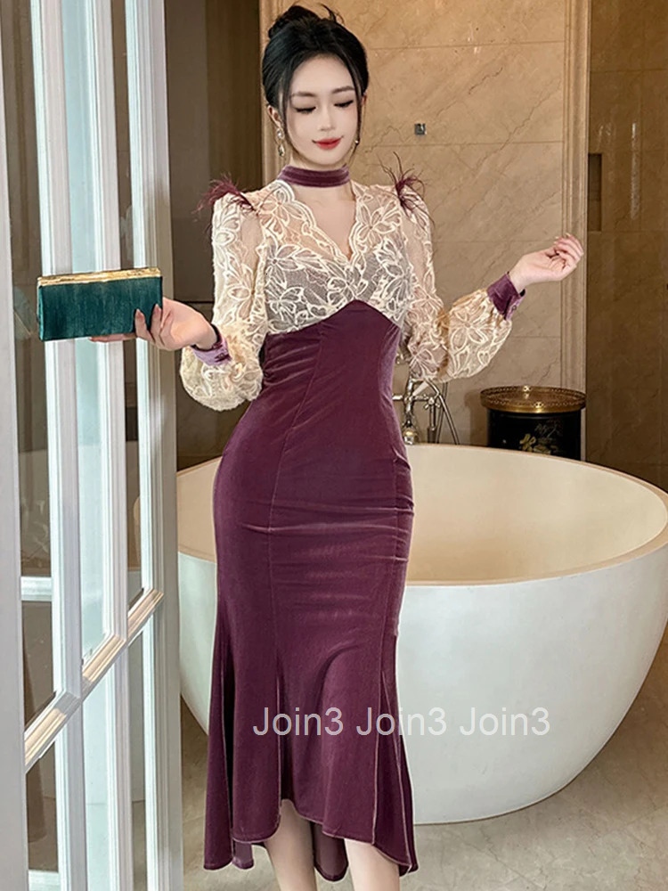 Fashion Ladies Sweet Long Evening Dresses Women Clothes Elegant Vintage Puff Sleeve Skinny Party Gown Dress Robe Vestidos Fiesta