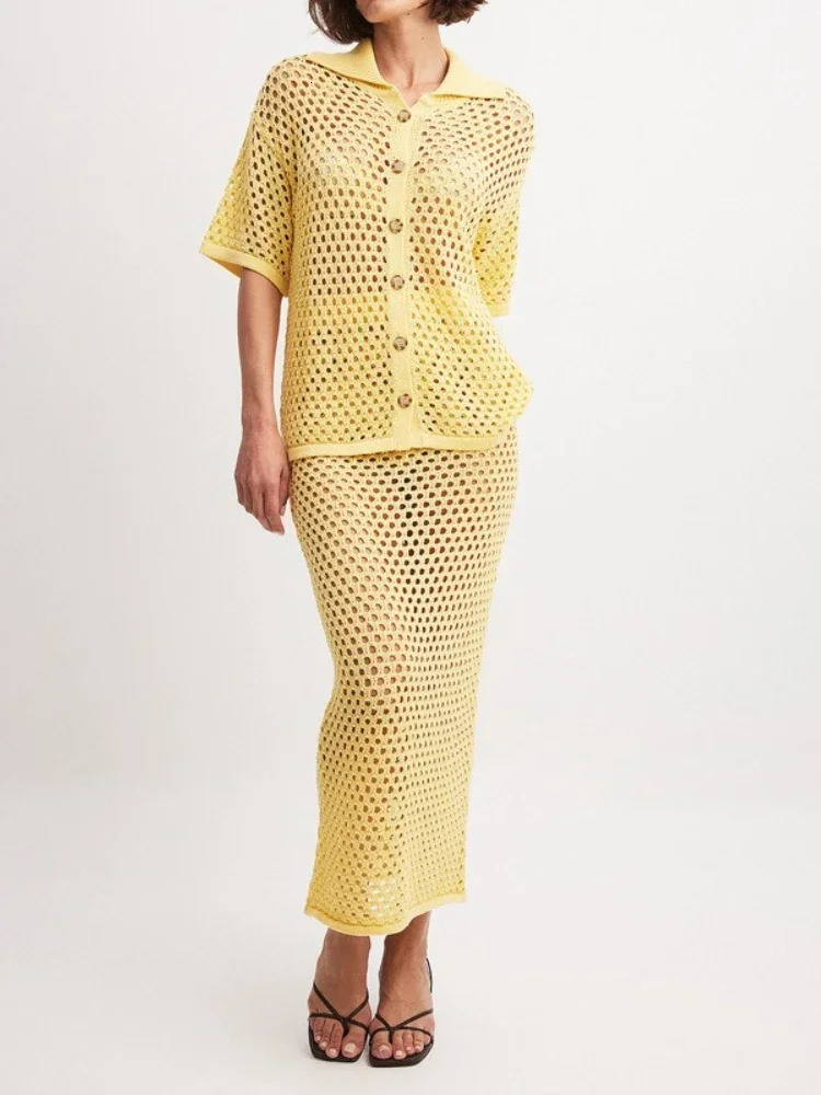 Womens Clothing Summer Casual Dress Sets Fashionable Mesh Fishnet Beach Knit Blouse Long Skirt Matching for Women 250614