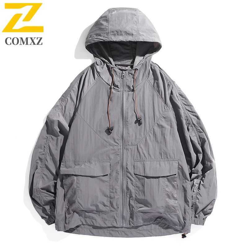 2025 Hooded Jacket Mens Summer Harajuku Solid Color Lightweight Breathable UV Jackets Outdoor Fishing Hiking Skin Windbreaker W250623