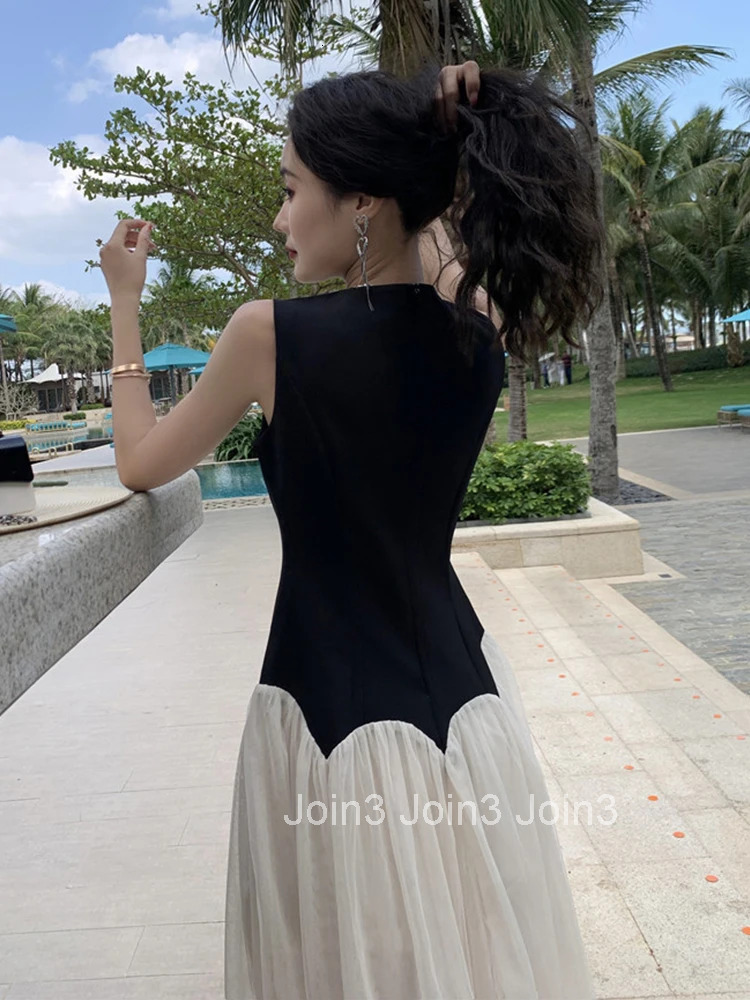 New Summer Fashion Lady Vintage Beach Vacation A-Line Long Dress Women Elegant Sweet Sleeveless Slim Robe Vestido Street Clothes
