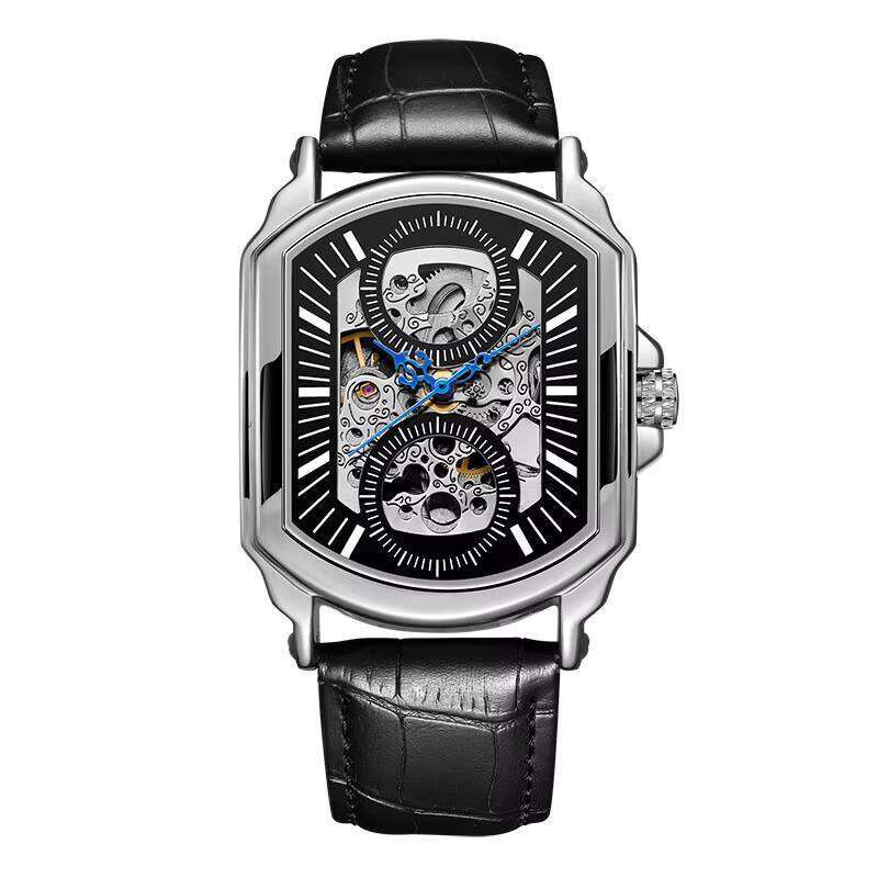 DHgadgets Fashion Men's Automatic Mechanical Skeleton Sports Clock Leather Casual Business Watch Relojes Hombre