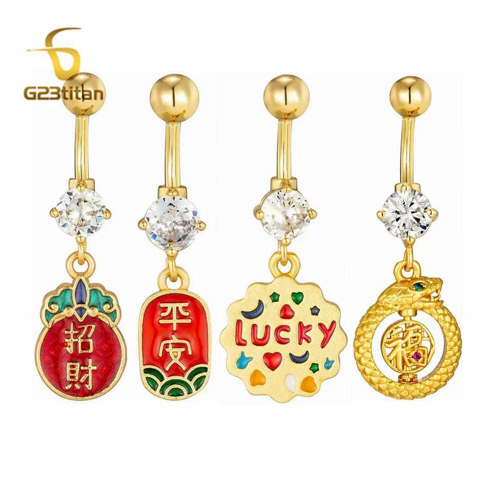 Chinese Lucky Bling Word Pendant Belly Rings G23 Titanium Rod 14G Navel Bar Golden Bo Piercing Male Female Romantic JewelryXJ250623