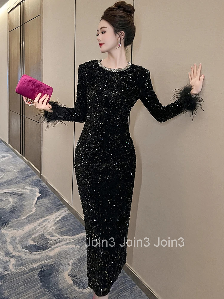 Women Clothes Formal Occasion Sparkly Sequin O-Neck Skinny Evening Dress Elegant Luxury Fashion Party Prom Vestidos Casual New