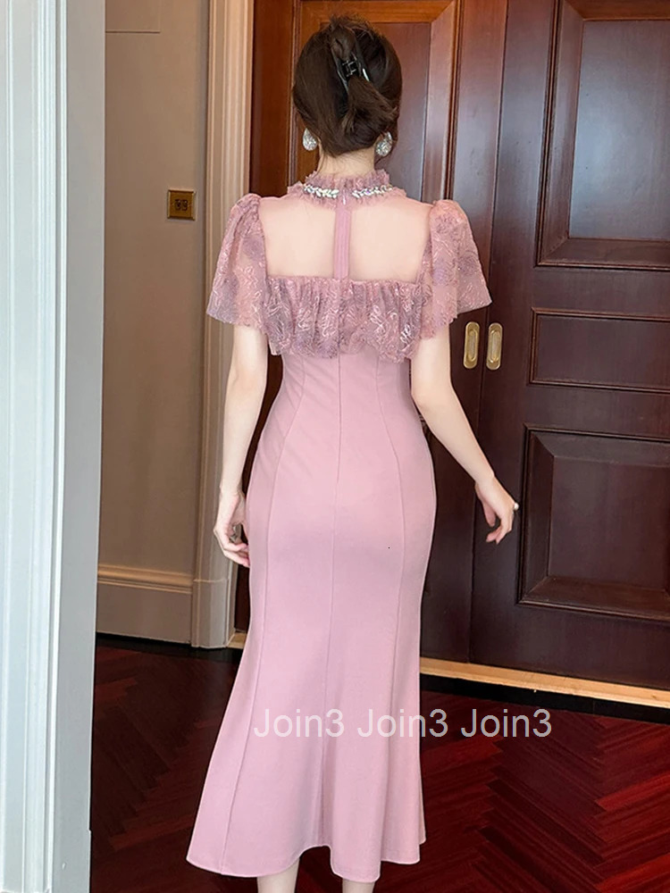 Women Clothes Pink Sweet Lace Sheer Sexy O-Neck Slim Midi Fishtail Dress Elegant Ladies Fashion Party Prom Vestidos Robe Casual