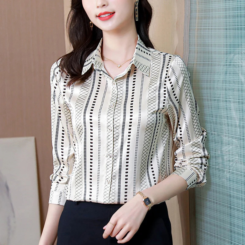 Satin Women Shirt 2025 Autumn Clothes Women Vintage Blouses Office Lady Long Sleeve Blouse Button Up Shirt OL Print Womens Tops 250617