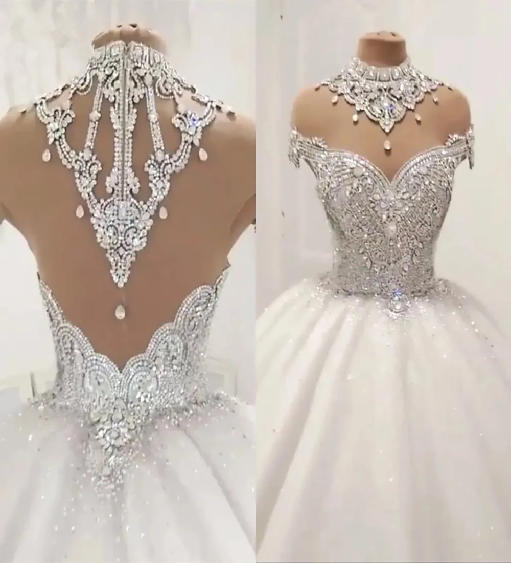 White Wedding Dresses Ivory Bridal Gowns New A Line Sleeveless Sequins Beaded Custom Zipper Lace Up Plus Size Formal High Neck Crystal Tulle Gorgeous