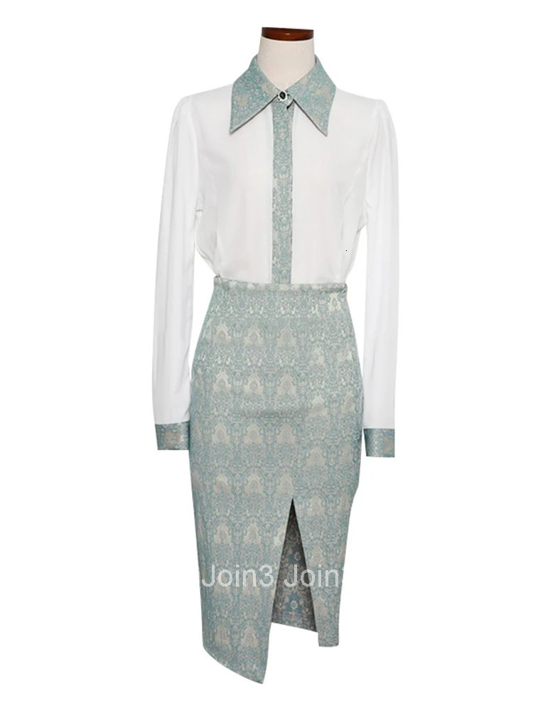 Korean Fashion 2 Pieces Outfit Spring Autumn Elegant Office Women Formal Long Sleeve Tops Shirt Blouse Midi Skirt Mujer Slim Set