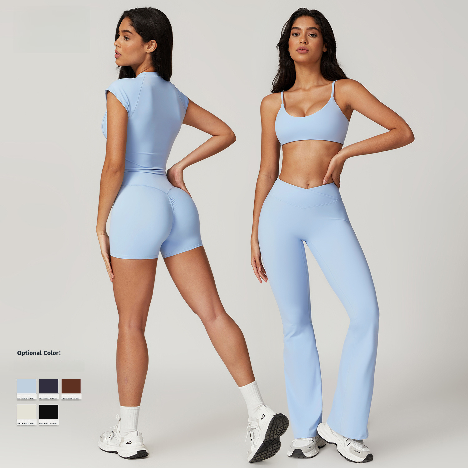 2 Piece Set Women Designer Tight Quick Dry Yoga Set For Outdoor Running Sports Short Sleeve Set With Beautiful Back Design Gym Shark Women Flared Leggings Pilates Set