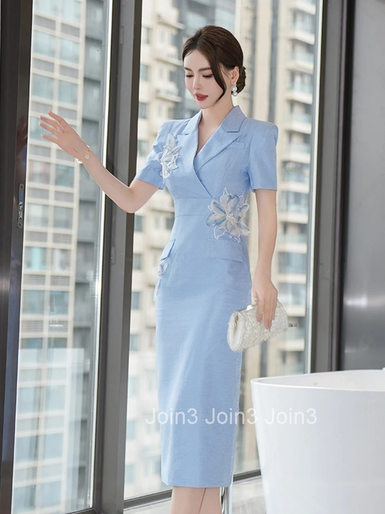 Summer Elegant Office Formal Occasion Pencil Dress Women Clothes Commute Blue Floral Short Sleeve Slim High Waist Midi Vestidos