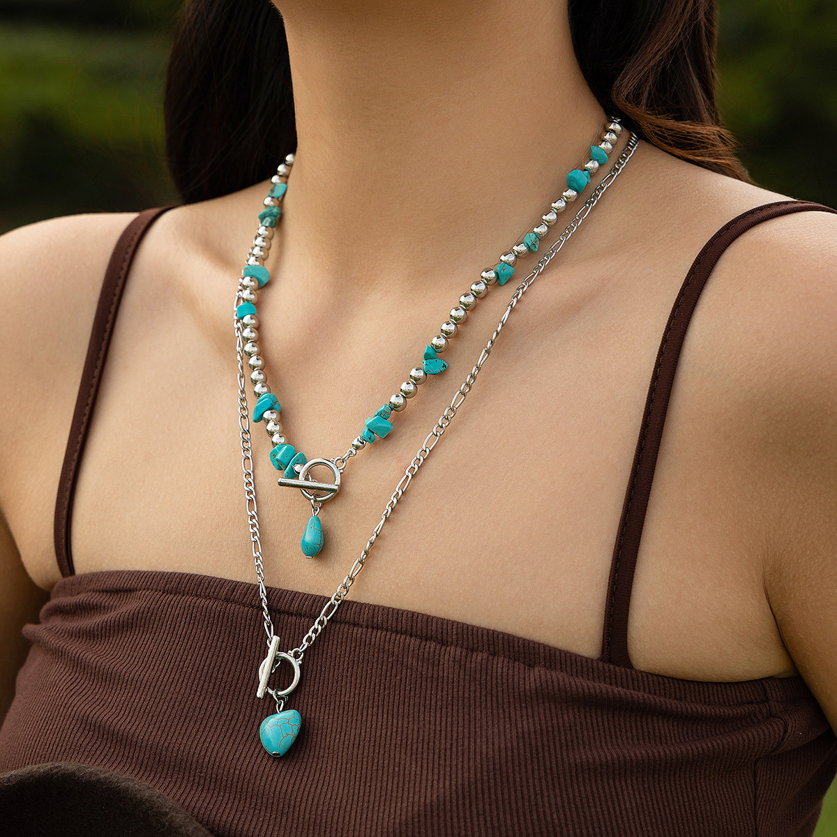 Jewelry Turquoise Pattern Tassel Pendant for Women Color-Block Rice Bead Collarbone Pastoral Necklace