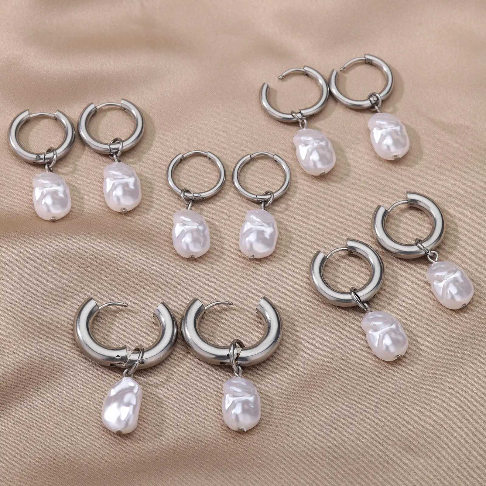 Baroque Pearl Earrings For Women Stainless Steel Water Droplet Silver Color Ring Drop Earring Wedding Party Jewelry Bijoux Femme XJ250623