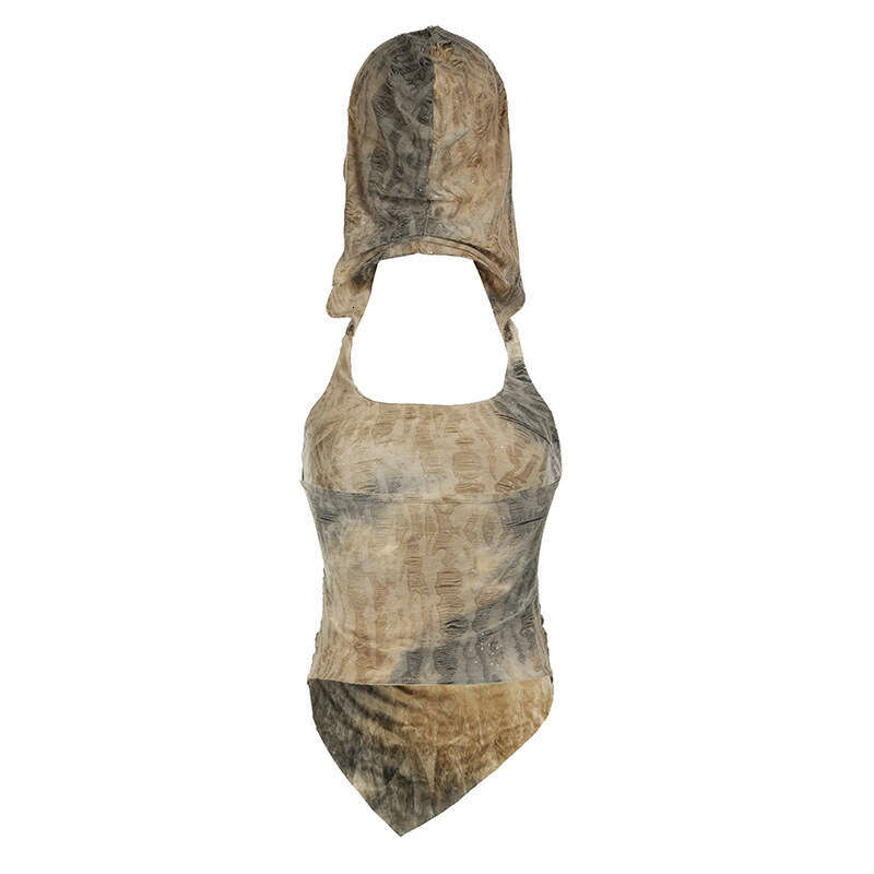 Women's Steampunk Style Distressed Backless Hooded Irregular Hem Sleeveless Vest Top B5