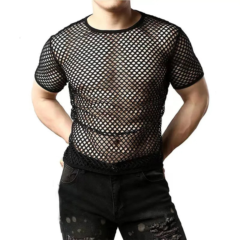 Style Male Personality Hollow-out Jacket Fishnet Mesh Perspective Short-sleeved T-shirt Men Nightclub Dancers Sexy Costume Men 250616
