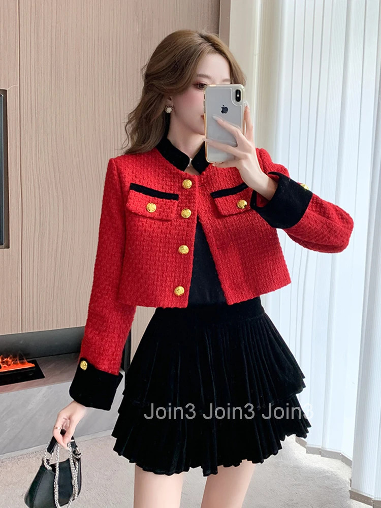 Korean Fashion Vintage 2 Pieces Outfits Women Ladies Mujer Elegant Red Coat Jacket Outwear And Strap Mini Dress Short Set Autumn