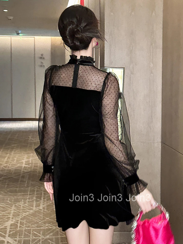 Women Clothes Black Mesh Sheer Sexy Puff Sleeve Slim A-Line Mini Short Dress Elegant Ladies Fashion Party Prom Vestidos Evening