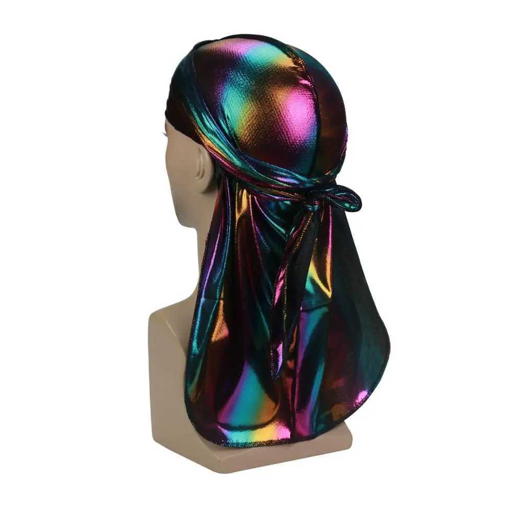 Fashion Men Colorful Durag Wave Caps Mens Sparkly Silky Durags Turban Hat Hip-hop Bandana Headwrap Long Tail Pirate Hats M250623