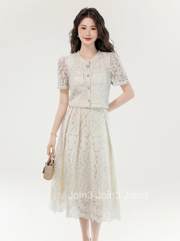 Women Clothes Sweet Lace Floral Outfits Elegant Single Breasted Tops Shirt Blouse And A-Line Skirt Mujer 2 Pieces Set Casual New