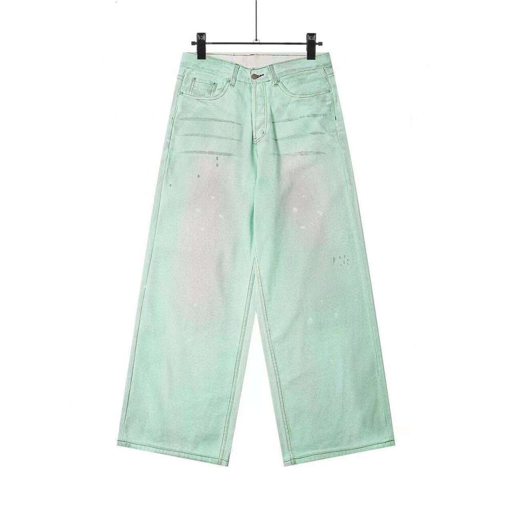 High Correct Version AC New 1981 Mint Green Fluorescent Coating Mud Dyed Hand-painted Vintage Wide-leg Jeans