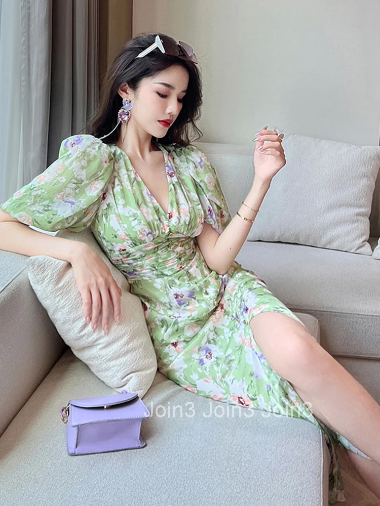French Elegant Women Dress Floral Vintage Sweet Puff Sleeve Corset Slim Slit Midi Party Club Beach Lady Robe Femme Mujer Vestido