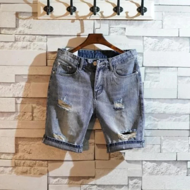 Short Jeans Pants for Men Blue Slim Ripped Mens Denim Shorts Original Streetwear Summer Stretch Korean Fashion Distressed Retro 250617