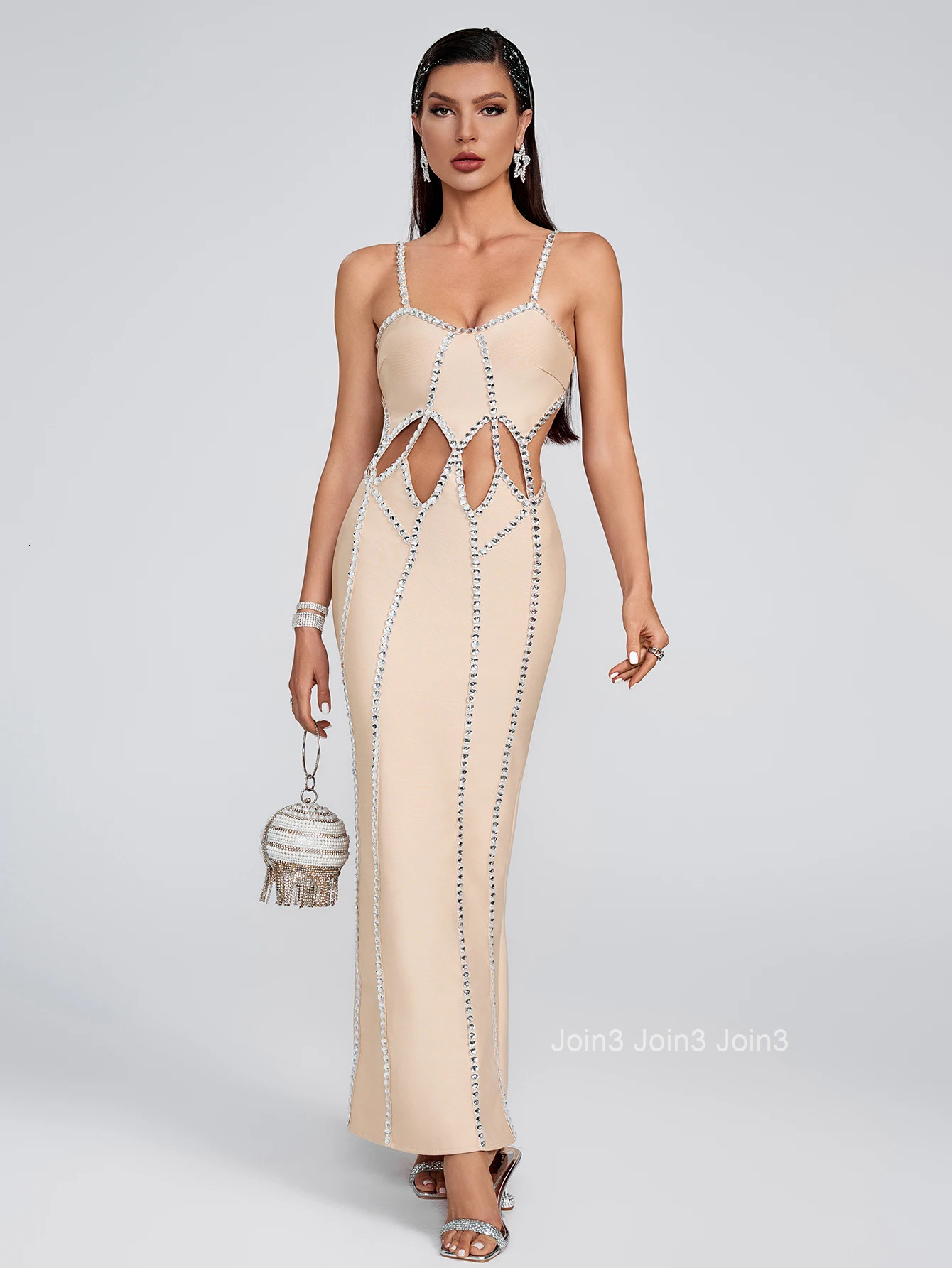 Chic New Womens Clothing Fashion Diamonds Embelling Sling Long Skirt Sexy Hollow Backless Knitting Evening Dinner Bandage Dress