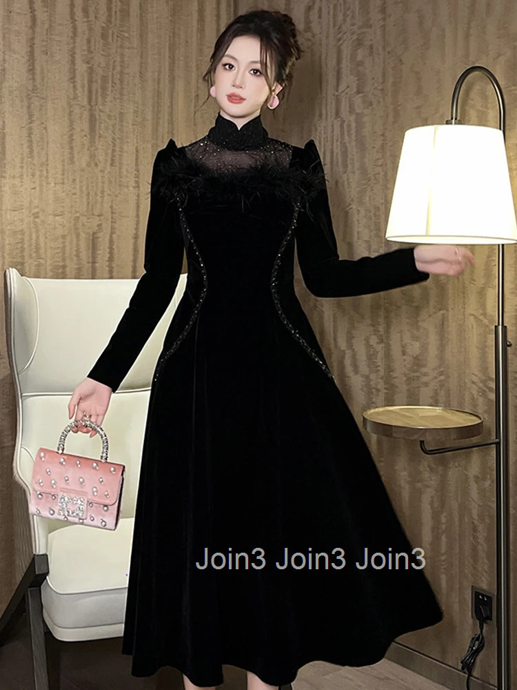 Women Clothes Retro Velvet Feather Stand Neck Slim Midi A-Line Dress Elegant Fashion Evening Party Prom Vestidos Robe Casual New