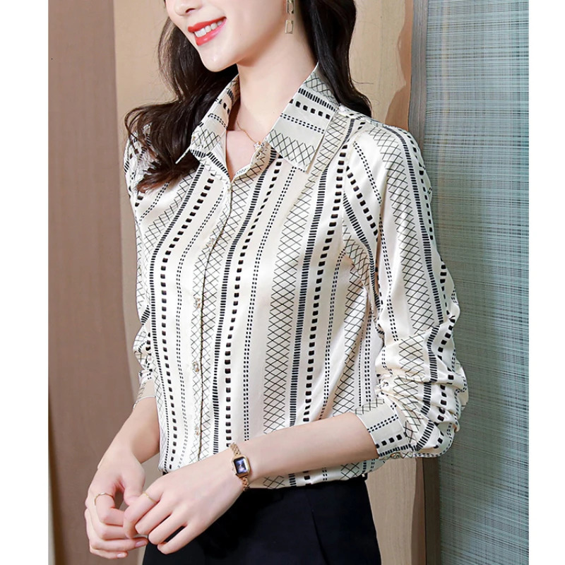Satin Women Shirt 2025 Autumn Clothes Women Vintage Blouses Office Lady Long Sleeve Blouse Button Up Shirt OL Print Womens Tops 250617