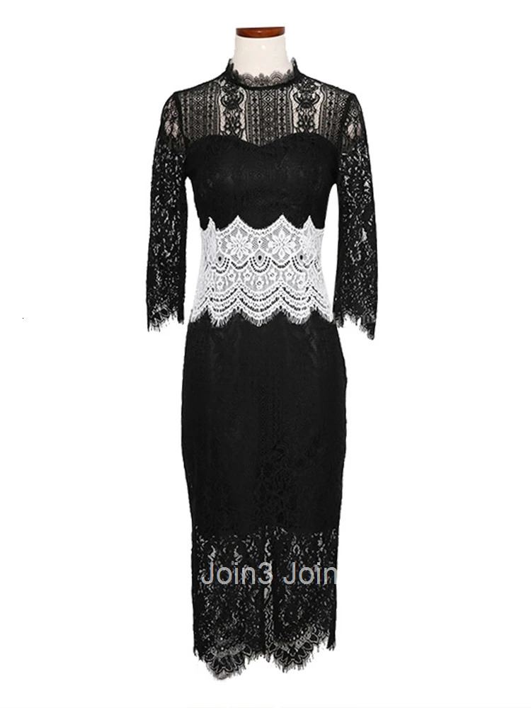 Summer Elegant Office Women Evening Dress Black Lace Chic Sheer Sexy Stand Neck Slim Midi Party Club Prom Femme Mujer Vestidos