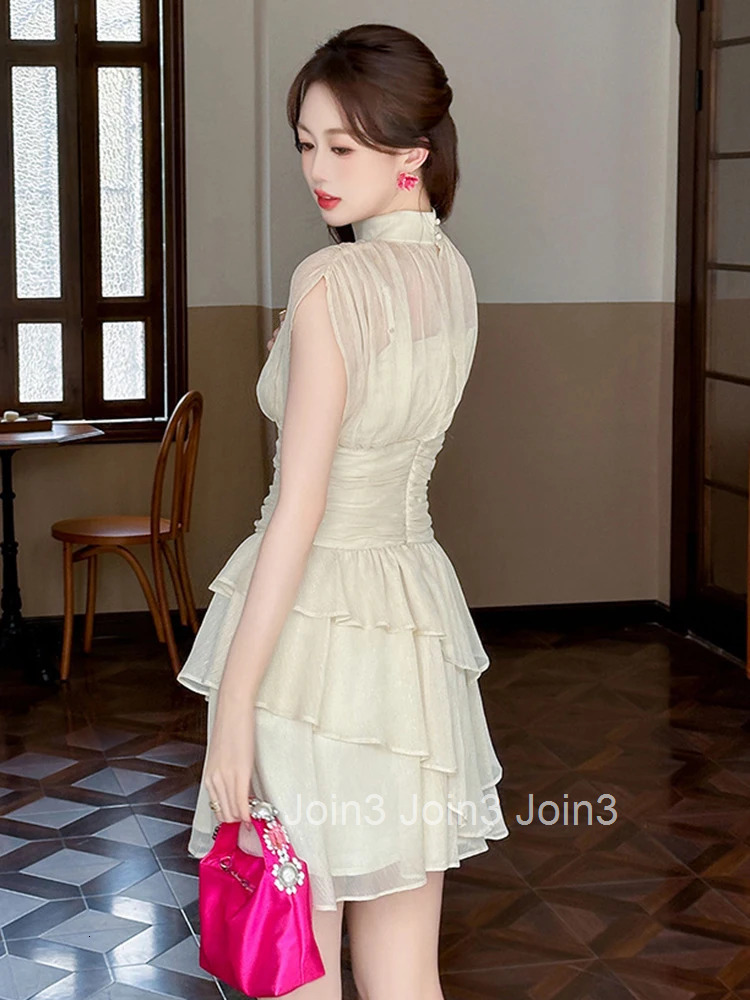 New French Round Neck Irregular Ruffle Chiffon Fairy Evening Dress Women Clothes Sweet Sexy Sleeveless Slim Party Prom Vestidos