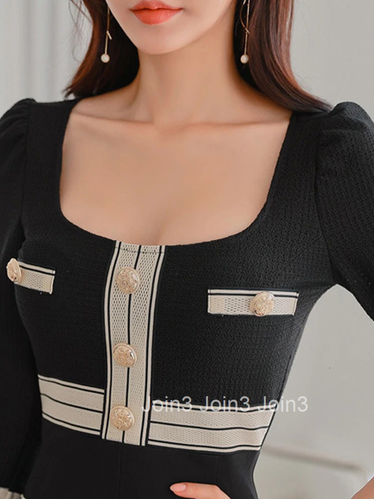 Korean Fashion Black Work Style Formal Pencil Dress Women Clothes Elegant Office Vintage Square Collar Slim Slit Midi Vestidos