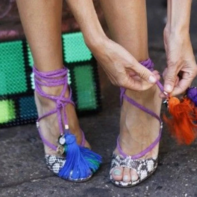 Snakeskin High Heel Sandals Purple Ankle Strap Tassel Dress Shoes Python Leather Stiletto Heels Lace-up Party Shoes 250617