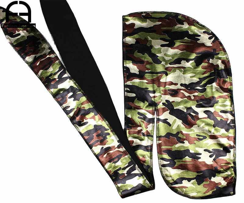 Fashion Mens Camo Silky Durags Turban Headband Shiny Print Men Silk DuRag Headwear Bandanas Hair Accessories Doo Rag Pirate Hat M250623