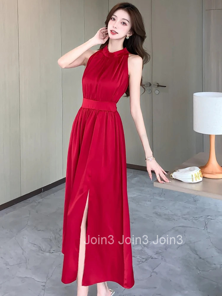 Summer Fashion Elegant Satin Solid Evening Dress Women Clothes Casual Sexy Sleeveless Slim Long A-Line Robe Party Prom Vestidos