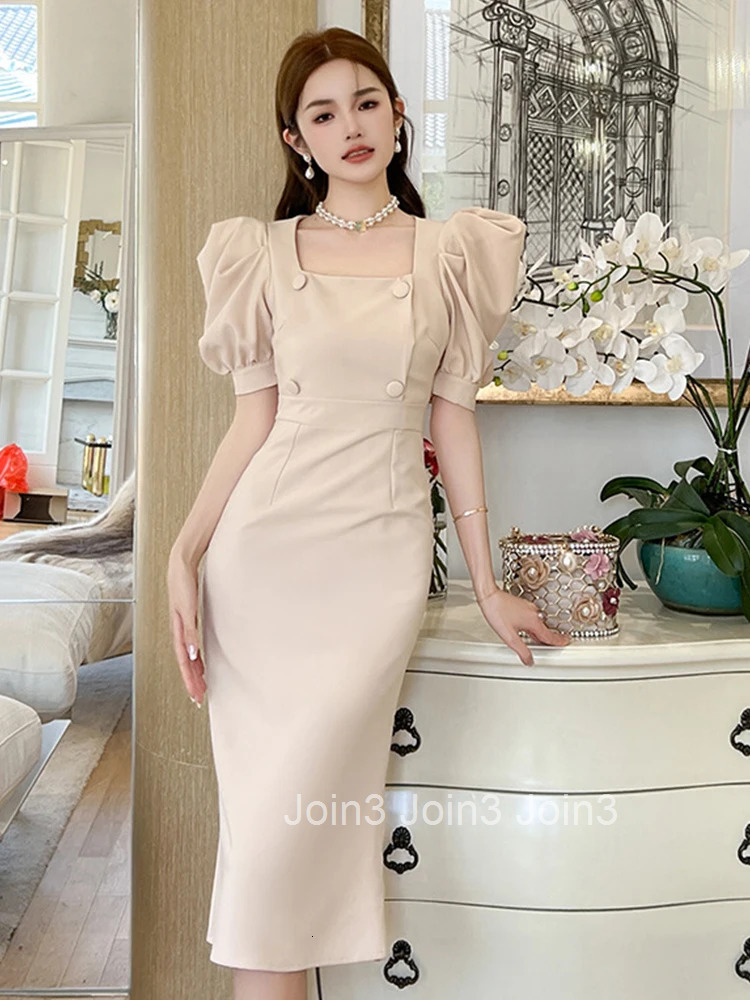 New Fashion Summer Women Evening Dress Retro Puff Sleeve Slim Midi Party Club Prom Robe Femme Mujer Vestido Fiesta Boda Invitada