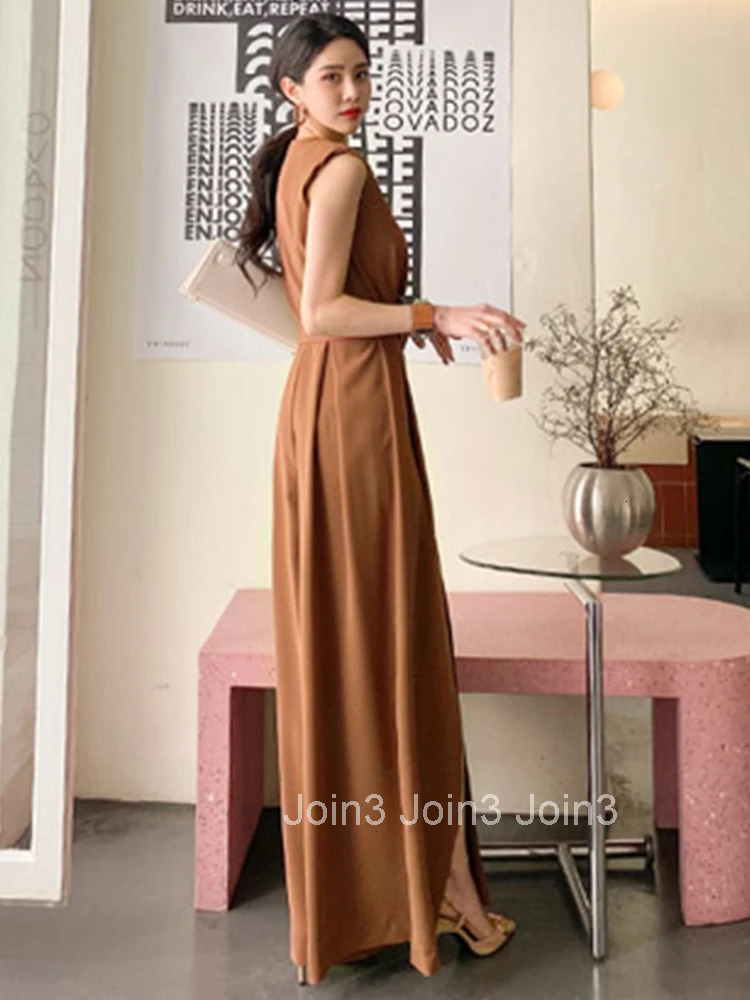 New Korean Fashion Summer Elegant Women Wide Leg Loose Jumpsuit Chic Sexy Sleeveless Belt Slit Long One Piece Romper Beach Party
