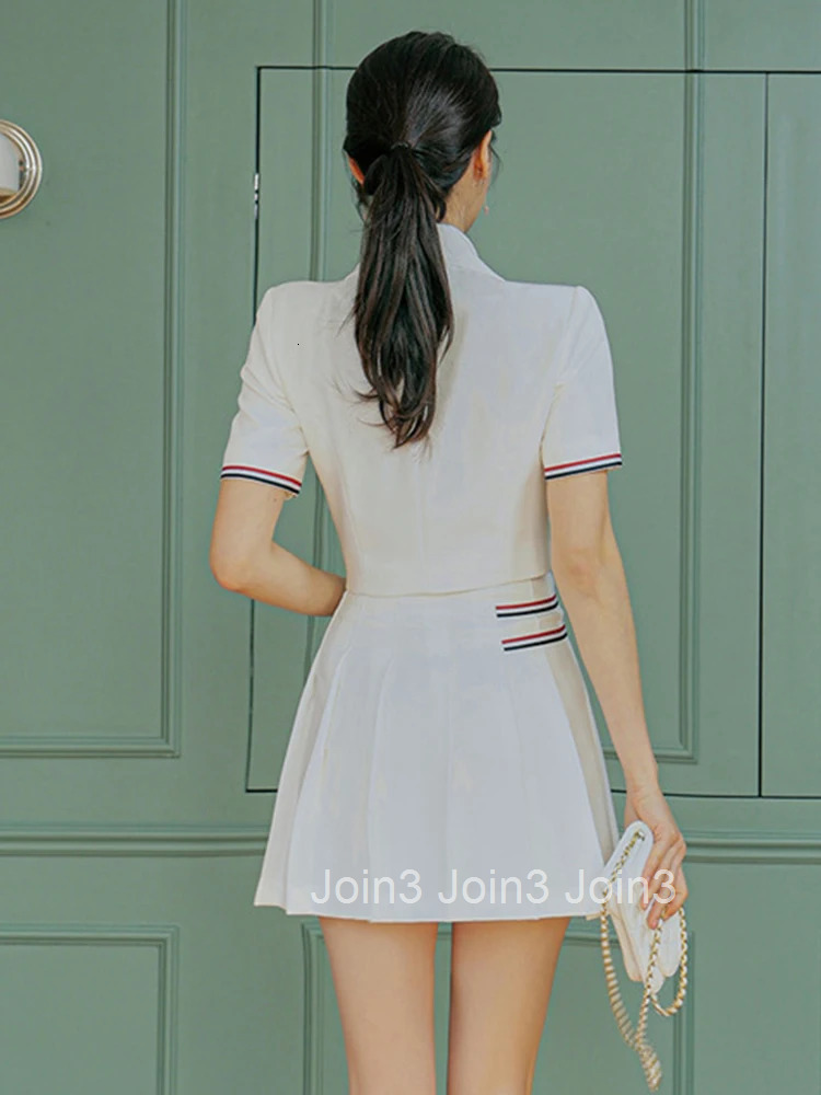 New Summer 2 Pieces Outfit Suits Women Temperament Formal Short Cropped Tops Coat Blazer Suit High Waist Pleated Mini Skirt Sets