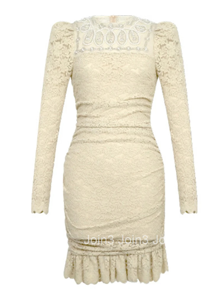 Women Clothes Sweet Lace Floral O-Neck Folds Slim Mini Short Fishtail Dress Elegant Luxury Party Prom Vestidos Autumn Winter New