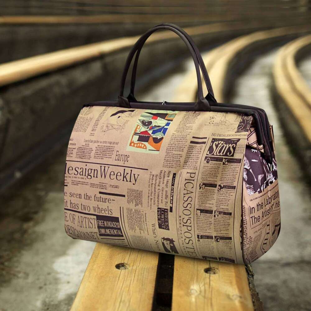 Retro Newspaper Printing Tote For Women Vintage Top-Handle Bags Water- Travel Lage Handbag