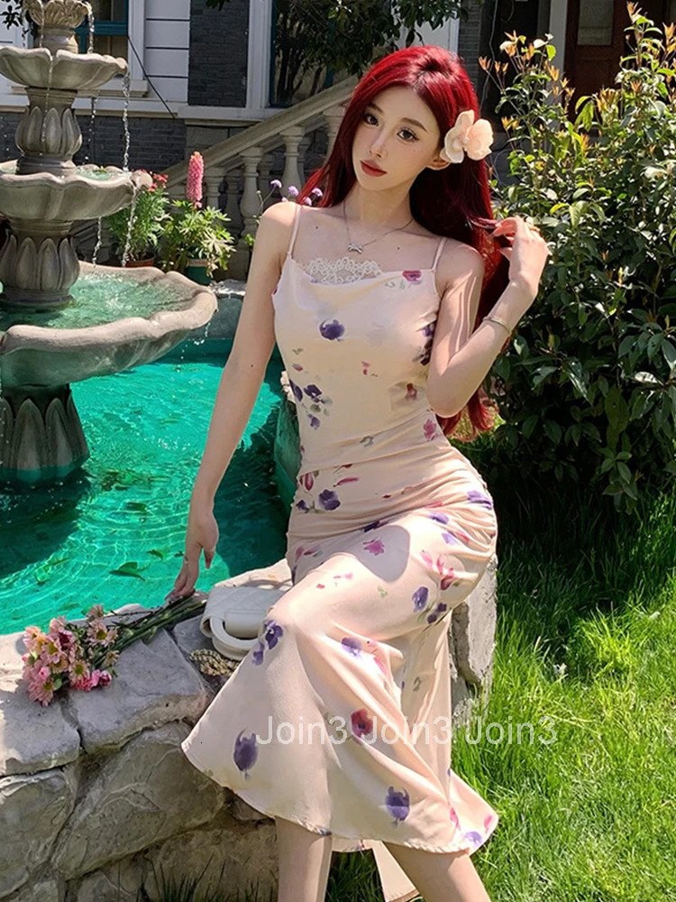 New Summer Sweet Floral Print Vacation Long Dress Women Clothes Mujer Elegant Strap Sleeveless Slim Mermaid Robe Party Vestidos