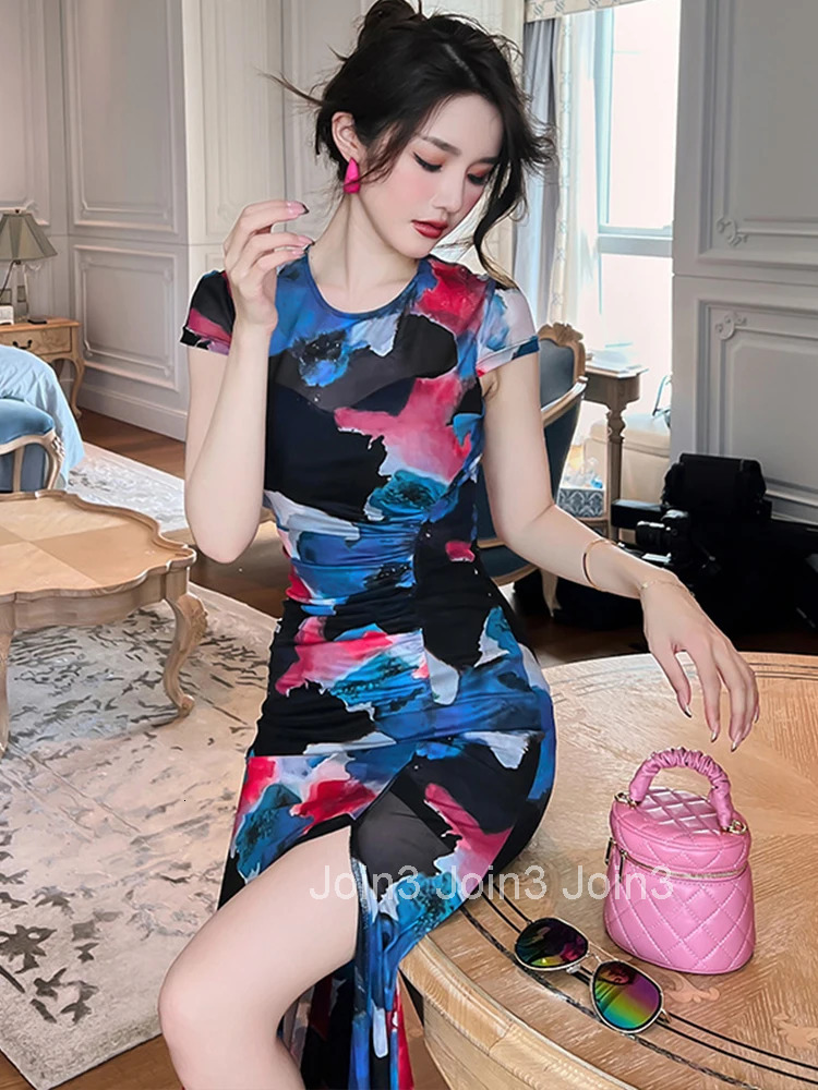 French Mesh Elegant Women Evening Dress Temperament Vintage Sheer Sexy Slit Midi Party Club Beach Boho Robe Femme Mujer Vestidos