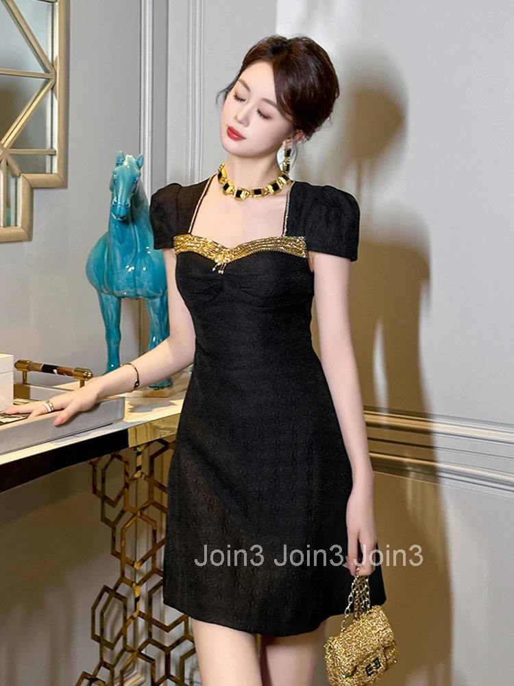 Summer Black Square Collar Gown Evening Dress Women Clothes Elegant Retro Puff Sleeve Slim A-Line Short Party Club Prom Vestidos