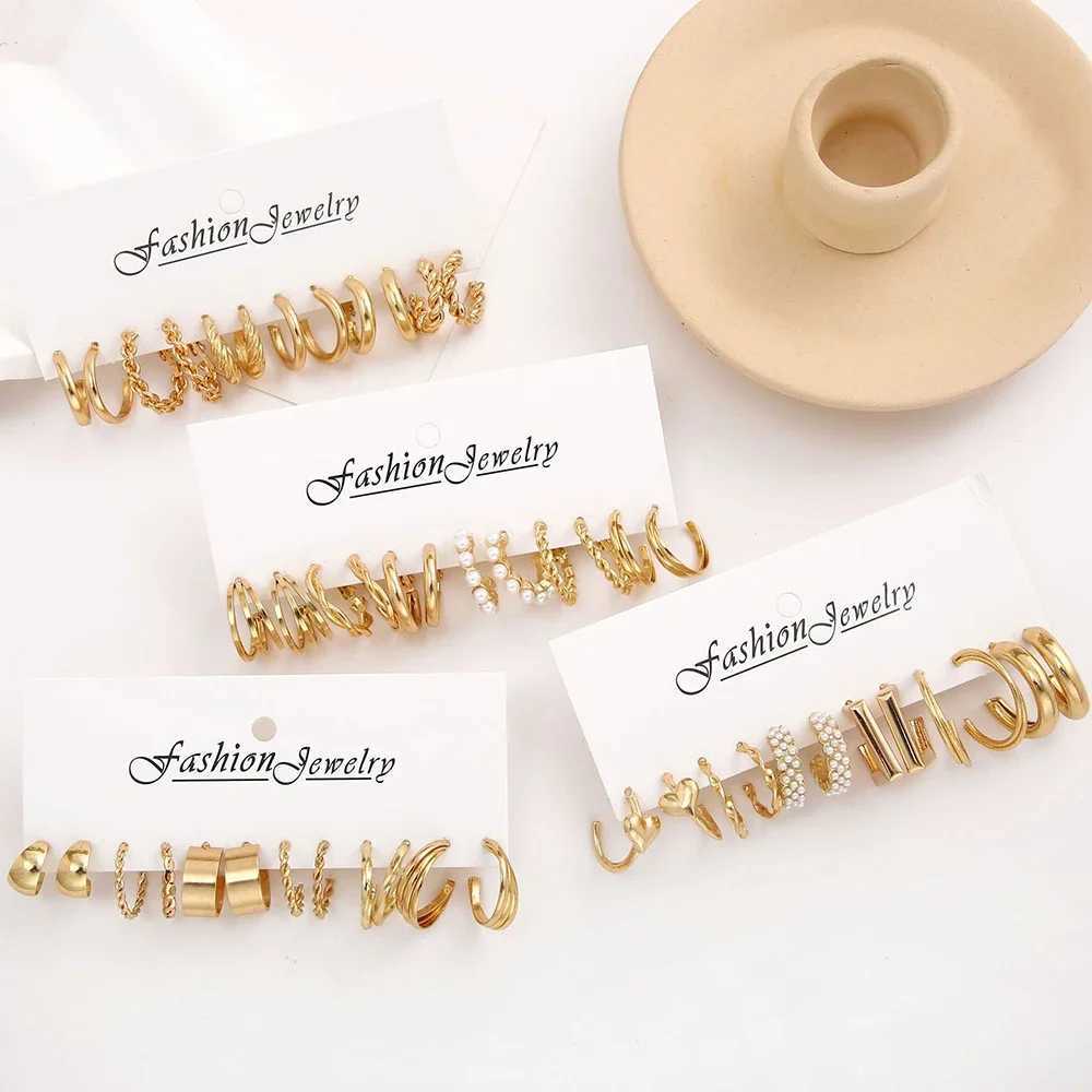 Boho Big Circle Hoop Earring Set for Women Gold Color Bohemia Vintage Pearl Earring Heart Zircon Ear Studs Jewelry Gifts XJ250623